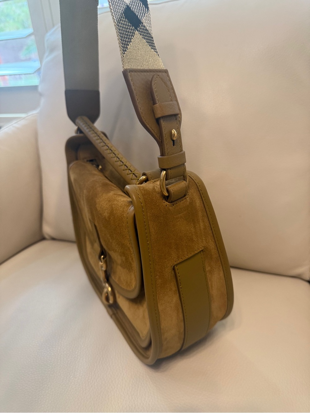 Burberry Suede Saddle Crossbody in Brown with Check Strap - Picture 2 of 8